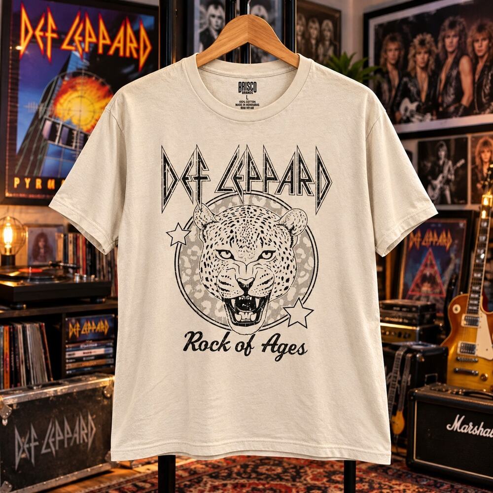 Def Leppard Rock of Ages T-Shirt Men's Large Beige Leopard Graphic Band Tee